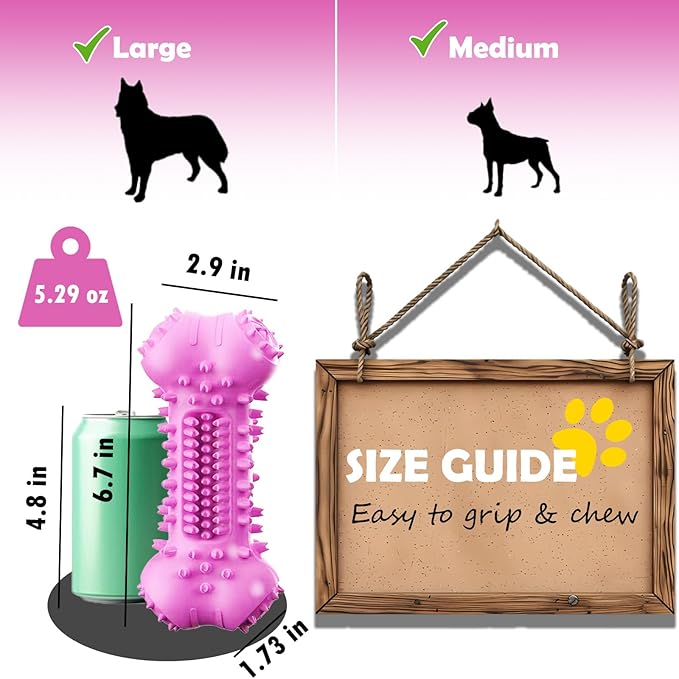 Toothbrush Dog Chew Toy, Stick Bone for Dog Teeth Cleaning, Tooth Brushing, Teething Chew Toys, Interactive Treat Dispenser Toy & Bite and Brush Toy for Medium and Large Dogs - Pink