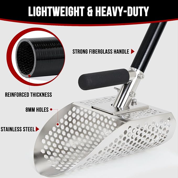 Sand Scoop for Metal Detecting, Metal Detector Scoop with Long Fiberglass Handle, Stainless Steel Sand Sifter for the Beach, Sand Flea Rake, Metal Detector Accessories, Metal Detecting Shovel