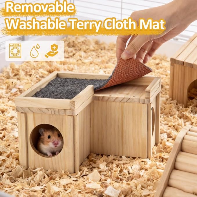 Hamster Hideout Wooden House with Ladder & Washable Pad, Small Animal Habitat Cage Accessories, Cozy Nest for Dwarf Syrian Hamsters, Gerbils & Mice