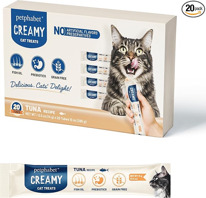 PETPHABET Lickable Cat Treats Squeeze, Creamy Puree Squeezable Wet Kitten Treats, Tuna Recipe 20 Tubes, Paste Snacks for Skin & Coat Health, Digestive Care, High Protein, Grain Free