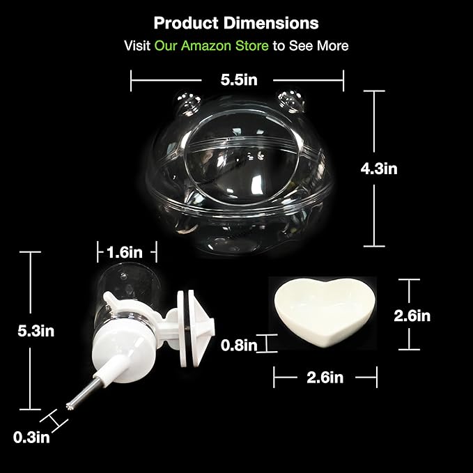GuineaLoft™ Model-P3 Accessories Pack - Includes Clear Water Bottle, Ceramic Food Bowl, Clear Sand Bath Container for Hamsters, Rats, Gerbils, Mice, Small Rodents - Visit The Store for More