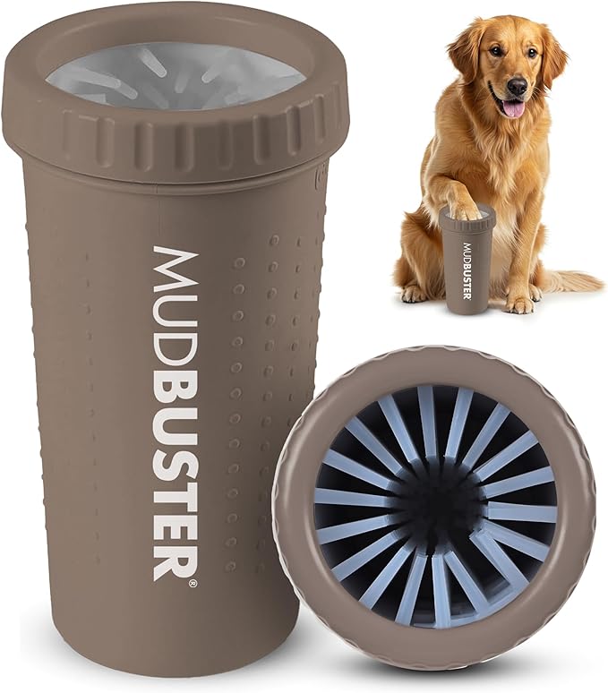 Dexas MudBuster Large Dog Paw Cleaner in Taupe - Fits 2.5"-3.5" Wide Paws, Portable Paw Washer for Muddy Paws, Dog Paw Cleaning Cup with Gentle Silicone Bristles, Quick Clean Pet Paw Washer