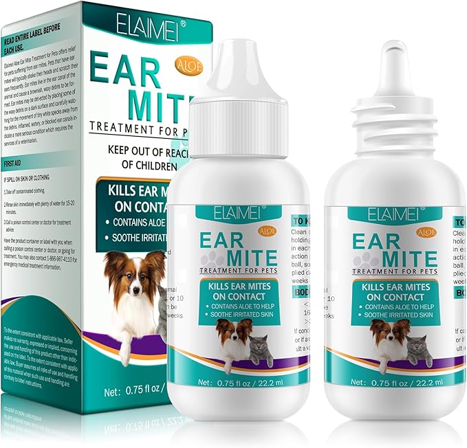 2Pack Ear Mite Treatment for Dogs and Cats,Dog Ear Infection Treatment,Aloe Ear Mite,Safe for Pets | 12+ Weeks | 0.75 fl oz 22.2ml