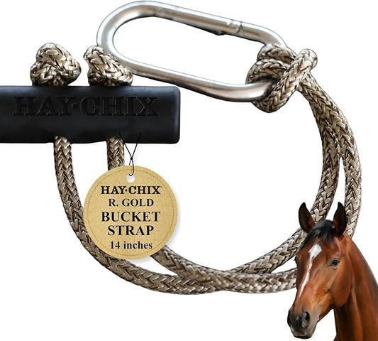 hay chix Horse Bucket Strap for Stalls | Bucket Hanger for Water Buckets | Multipurpose Hanging Strap for Trailer, Barn, Stable, and Horse Show Use | Easy to Use, Durable | 14 Inch, R. Gold