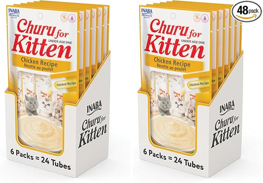 INABA Churu for Kittens,Grain-Free Creamy,Purée Lickable Cat Treats with DHA,EPA,Vitamin E & Taurine,0.5 Ounces Each, Tubes (4 per Package),Chicken Recipe,(Pack of 48)