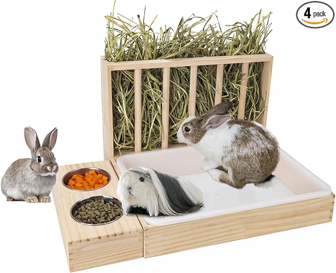 BESNEW 3 in 1 Rabbit Hay Feeder with Litter Box,Wooden Hay Feeder with 2 Bowls & Litter Box for Guinea Pig Chinchilla Bunny Other Small Animals,Large Capacity & Preventing Waste