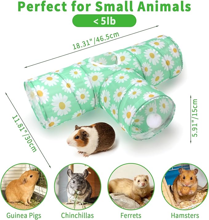 Rypet 3-Way Guinea Pig Tunnel, Collapsible Small Animal Enrichment Toy with Ball, Foldable Rabbit & Hamster Tunnel for Boredom Relief, Washable, Indoor/Outdoor Play