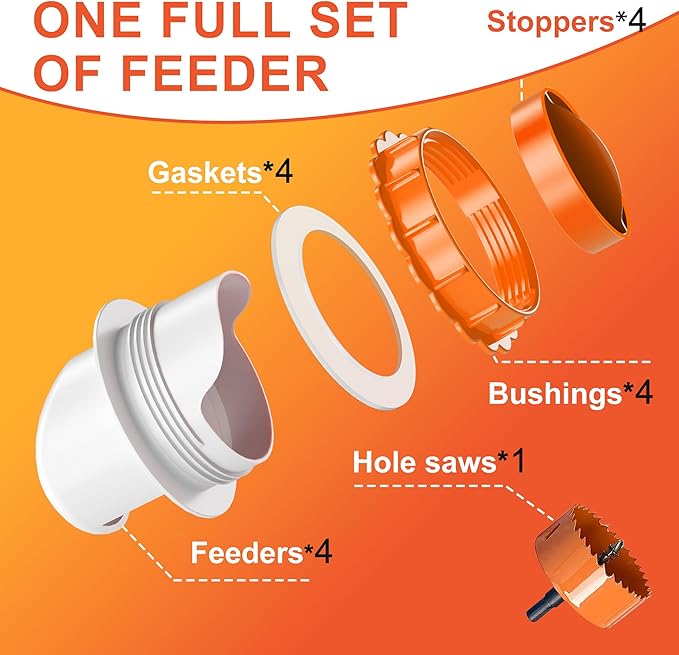 ZenxyHoC DIY Chicken Feeders No Waste, 4 Ports Poultry Feeder with Hole Saw for Buckets Troughs Orange
