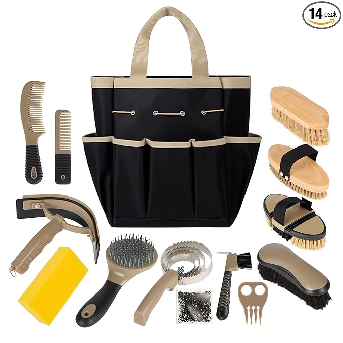 Horse Grooming Kit, 14-in-1 Professional Horse Brush Supplies Set for Grooming & Care, with Horse Brushes, Curry Comb, Hoof Pick & Waterproof Storage Tote Bag for Shining, Detangling, Massaging(Khaki)