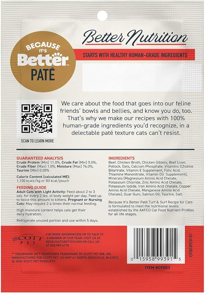 Because It’s Better Pate Complete Meal - Wet Cat Food - Turf & Surf Recipe - Organic, Balanced, Smooth Pate Texture, Human-Grade Ingredients, Grain Free, 2.6 oz Pouches (12 Count)