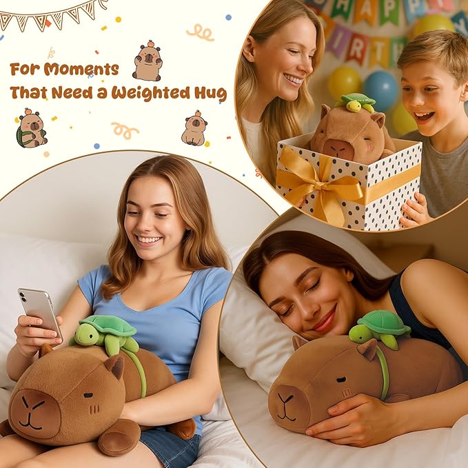 SQEQE Weighted Stuffed Animals Capybara with Turtle Backpack, Weighted Capybara Plush, Cute Plushies Pillow Toy for Bed Time, Christmas & Valentines Gift 23.6 Inch 3.8 Lbs