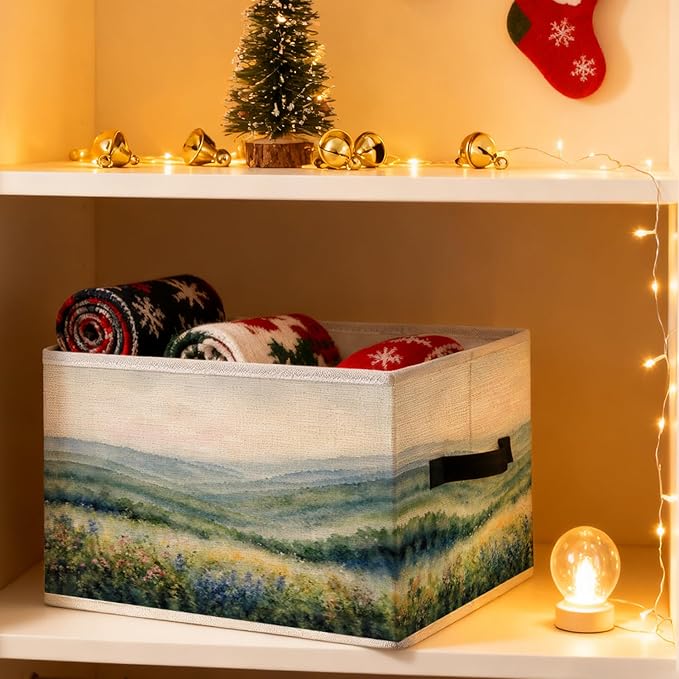 Watercolor Wildflowers Blue Ridge Mountains Storage Bins, Appalachian Highlands Floral Landscape Foldable Closet Organizers Storage Basket Toybox for Clothes Bed Sheets Blankets Toys