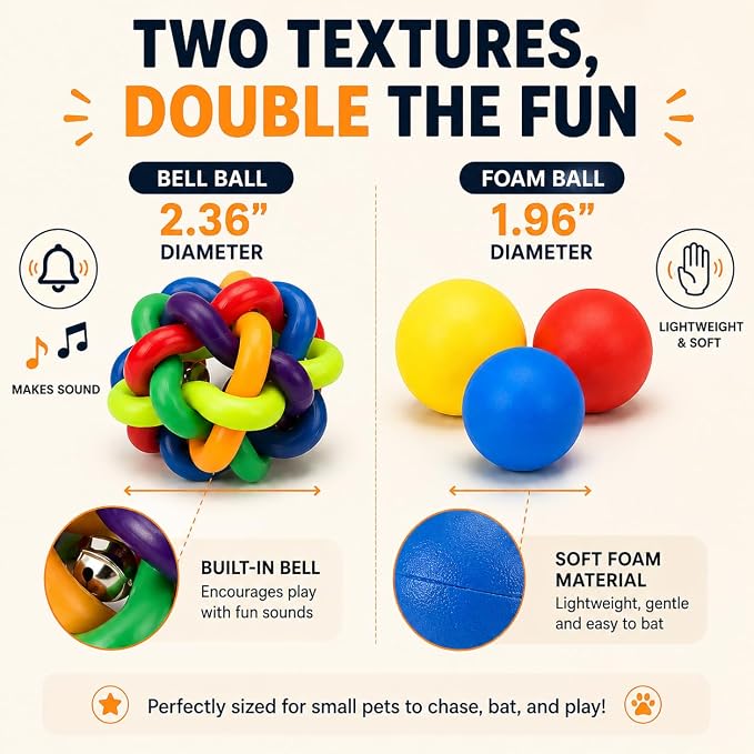 Ferret Tunnel Toy Ball Set with 2 Collapsible Tunnels for Small Pets | Polyester, for ferrets, guinea pigs & hamsters, includes 2 bell balls & 3 foam balls, lightweight, foldable