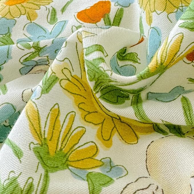 BlueBlue Floral Duvet Cover Set Queen 100% Cotton Bedding for Kids Boys Girls Teens Yellow Daisy Green Leaf White Lamb Sheep Print 1 Garden Comforter Cover Full 2 Pillow Shams, Queen