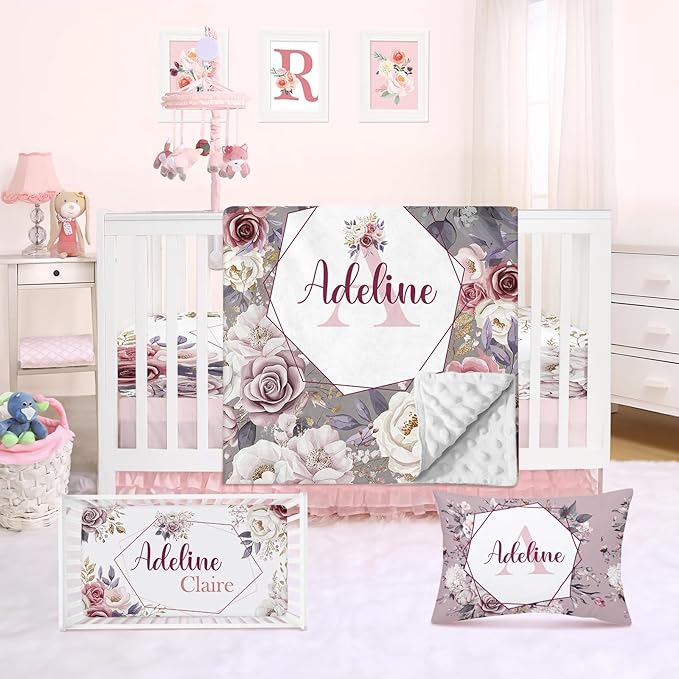 Personalized Crib Bedding Set for Baby Boy Girl, Custom Name Roses Design 3 Piece Baby Bedding Set, Including Plush Blanket, Fitted Sheet and Pillowcase for Newborn Nursery Gift