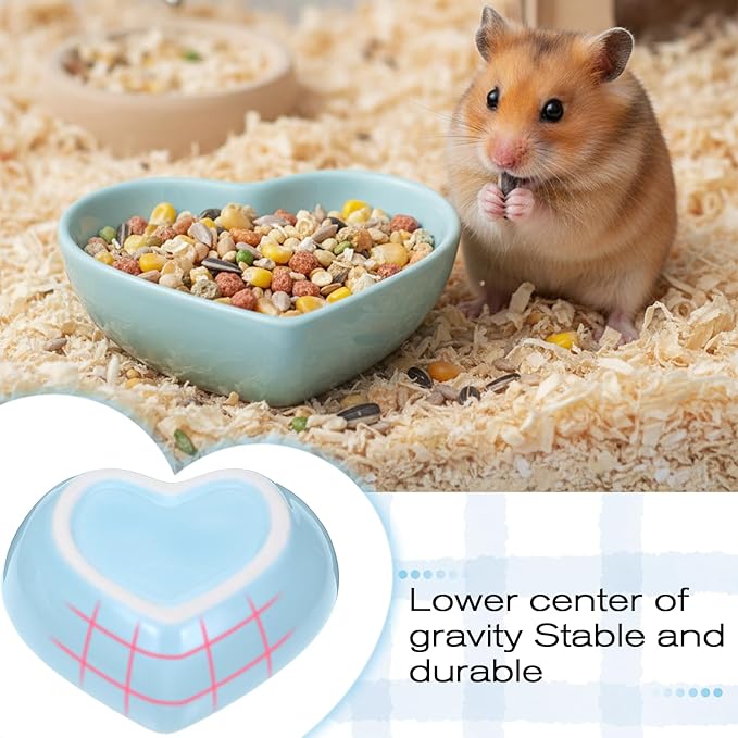 2 PCS Hamster Ceramic Food Bowl, Anti-Turning Heart Hamsters Food Water Dish, Ceramic Pet Bowls for Guinea Pig Gerbil Hedgehog Rat Rodent Bunny Parrots (Green, Blue)