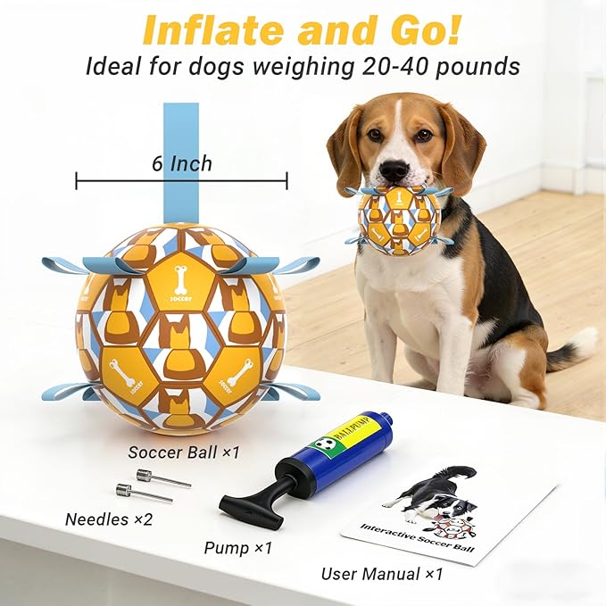 Dog Toy Balls, Dog Soccer Ball with Straps, Interactive World Cup Soccer Ball for Medium Dogs, Water Fetch Toys, Tug-of-War, Herding Ball Toys Outdoor, Dog Birthday Toy, Light Blue (6 Inch)