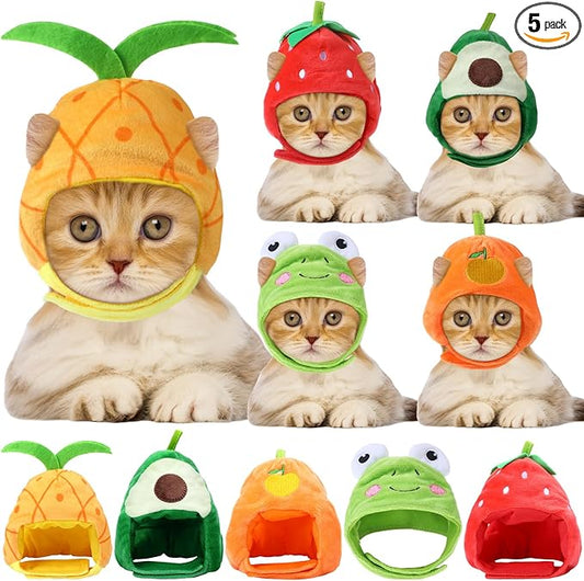 Weewooday 5 Pcs Cat Adorable Costume Bunny Hat with Ears Funny Mane Cat Hat for Pets and Small Dogs Kitten Puppy Party Costume Accessory Headwear(Avocado, Orange, Strawberry, Pineapple, Frog)