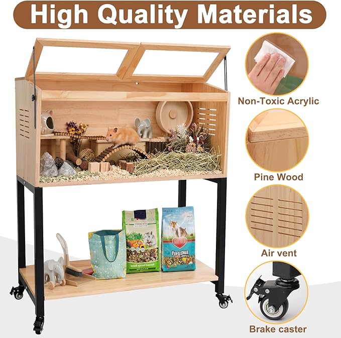 Hamster Cage with Storage, Wooden Hamster Cage, Pine, Guinea Pig Cages, Large Size 31.5"L x 16"W x 38.0"H, 2 Tiers Movable Hamster Cages with Storage Shelf for Guinea Pig, Chinchilla, Rat, Bunny, etc.