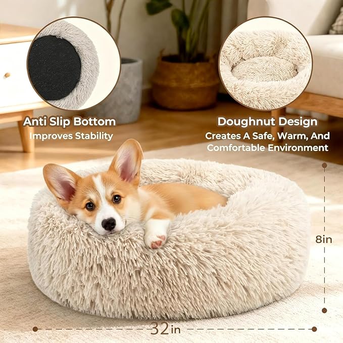 Calming Extra Large Donut Dog Bed, Anti-Anxiety Round Soft Fluffy Plush Faux Fur Washable Anti-Slip Pet Bed for Medium Dogs Up to 45 lbs 32in Light-Brown