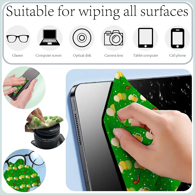 CREATCABIN 6Pcs Glasses Cleaning Cloth Green Microfiber Cleaning Cloths Clover Glasses Cleaner Wipes Soft Microfiber Reusable for Easter Eyeglasses Camera Lens Laptops Screens Phone 6 x 6 Inch