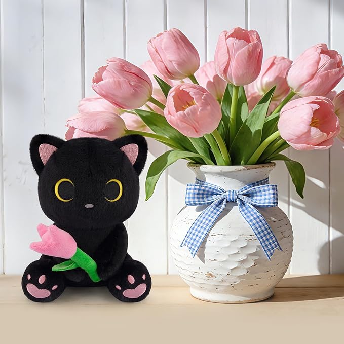 Black Cat Plush Holding Pink Tulip - 8" Kawaii Stuffed Cat with Flower, Soft Cute Plush Toy for Mom, Cute Stuffed Animals for Girls & Kitten Lovers
