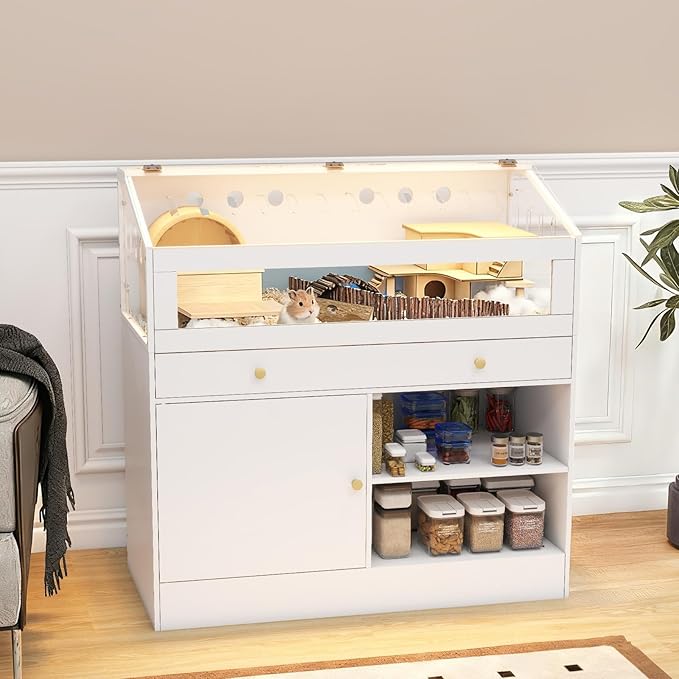 Hamster Cage with Storage Cabinet Small Animal Cage, Easy View Acrylic Panels, Large Habitat for Hamsters, Guinea Pigs, Rabbits, Hedgehogs