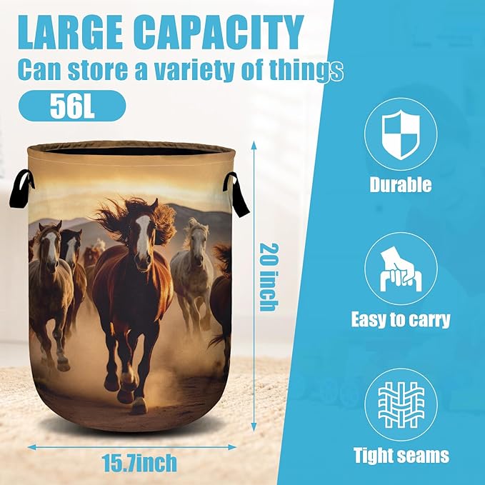 Running Horse Laundry Basket, Laundry Hamper Collapsible Oxford Cloth with Handle Clothes Storage Bin for Bathroom Laundry Room Bedroom 15.7 X 20 Inch