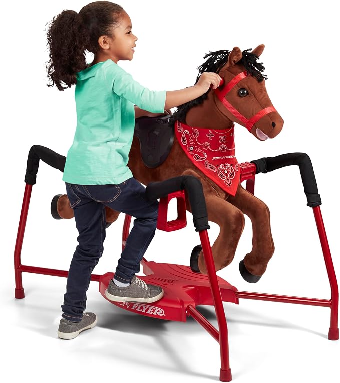 Radio Flyer Chestnut Interactive Riding Horse, For Ages 2-6, Plush Spring Rocking Horse, 3 Riding Levels, EZ Climb Step, Safety Straps, Spring Covers, Accessories, 60 lb Capacity, Toddler Ride On Toys