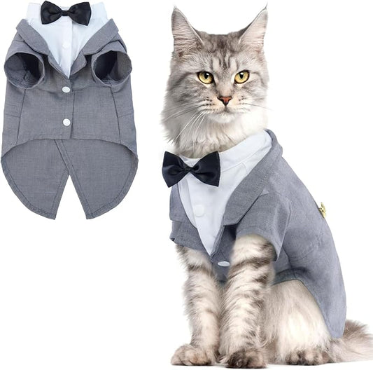 QBLEEV Cat Tuxedo Outfit with Bow Tie, Sphynx Cat Costume Formal Suit Wear | Soft breathable, stylish hairless clothes for cats only, kitten wedding birthday party shirt apparel for male boy