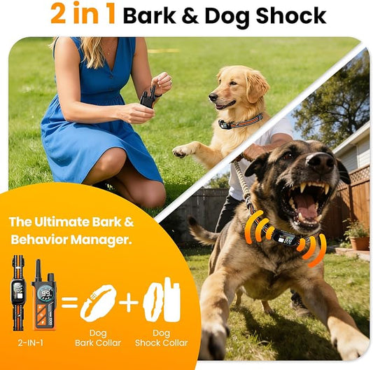 2 in 1 Dog Bark & Shock Collar 2 Pack - 4500FT Training Collar with Remote, Anti Bark & 3 Training Modes Tone Vibration Safe Shock, IP67 Waterproof, Portable Collar Set for 5-120lbs Dogs