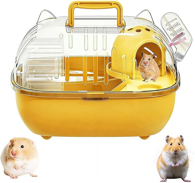 Portable Hamster Cage – 11" Cat Ear Shape Small Animal Habitat with Exercise Wheel, Water Bottle, Hideout House & Platform, Transparent Carrier for Hamsters, Gerbils, Mice