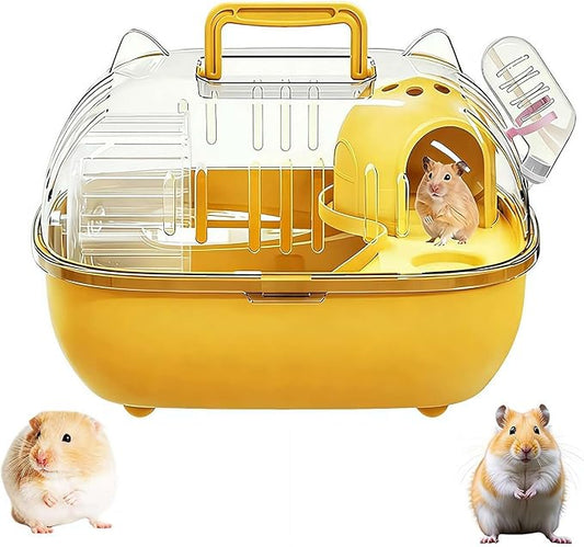 Portable Hamster Cage – 11" Cat Ear Shape Small Animal Habitat with Exercise Wheel, Water Bottle, Hideout House & Platform, Transparent Carrier for Hamsters, Gerbils, Mice