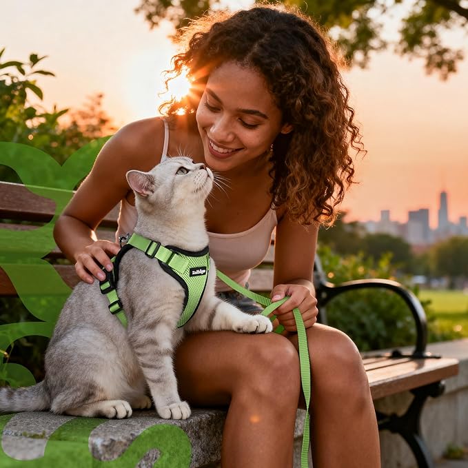 rabbitgoo Cat Harness and Leash for Walking, Escape Proof Soft Adjustable Vest Harnesses for Cats, Easy Control Breathable Reflective Strips Jacket, Light Green, M