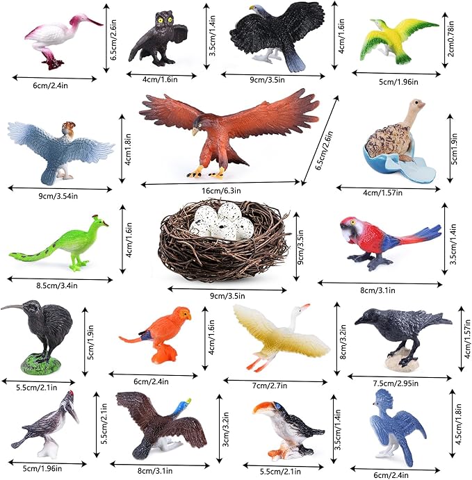 SIENON 23Pcs Realistic Birds Toy Playset, Assorted Wildlife Bird Figures with Nest, Raven, Kiwi, Ostrich, Macaw, Golden Eagle Hawk for Kids Educational Toy Birthday Décor Party Favor School Project