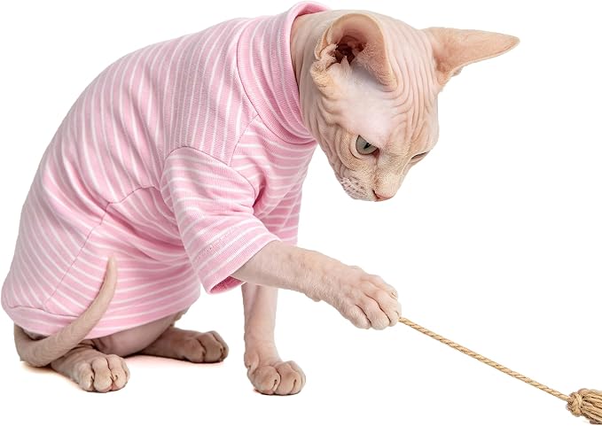 Sphynx Cat Clothes for Cats Only, Narrow Striped Sphynx Shirt Clothes T-Shirts Sweatshirt with Sleeves, Soft Kitten Sphinx Clothes Pet Apparel Devon Rex,Cornish Rex,Peterbald,Pink,L