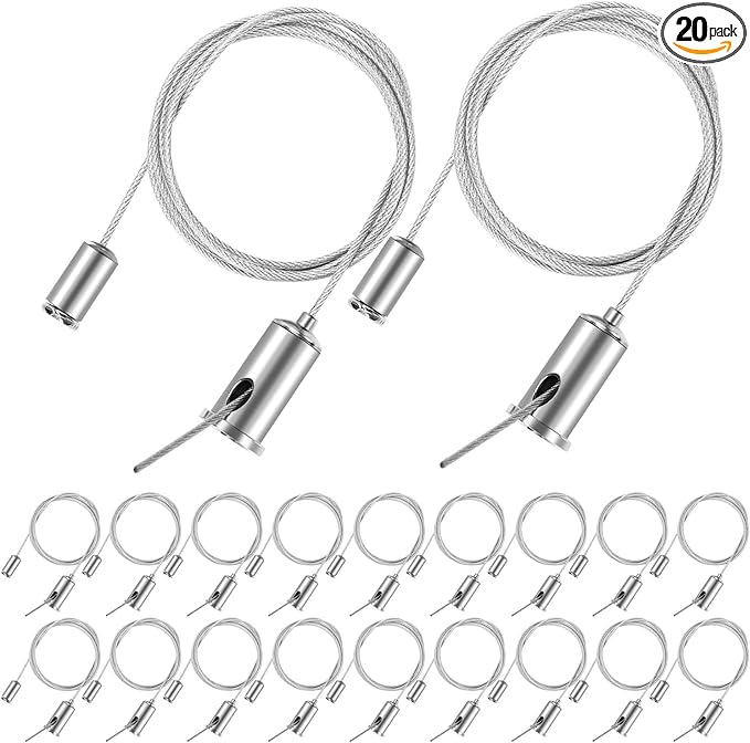 20 Sets Hexagon Light Fixture Hanging System Kit, Ceiling Hanging Wire Cable Kit, 3.28ft Aquarium Light Suspension Cables Sealed with PVC, Adjustable Hinger for Honeycomb Pendant