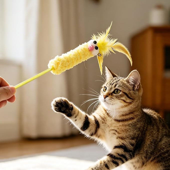 IUHKBH Cat Wand Toys, 3 PCS Cute Plush Teaser Wand with Bell & Feather Interactive Play Toy for Bored Indoor Cats and Kittens