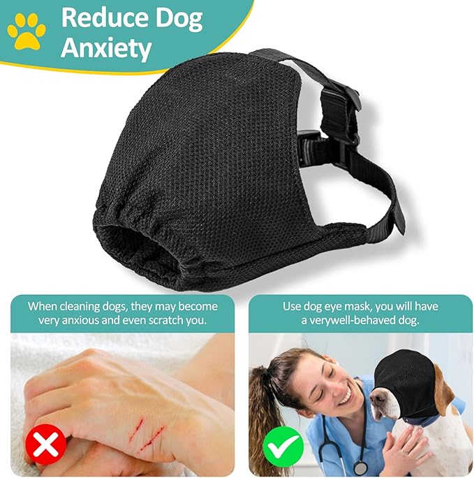 OHCOZZY Dog Calming Cap Eye Mask for Anxiety, Adjustable Nylon Pet Eye Cover for Grooming & Nail Trimming(S,Black)