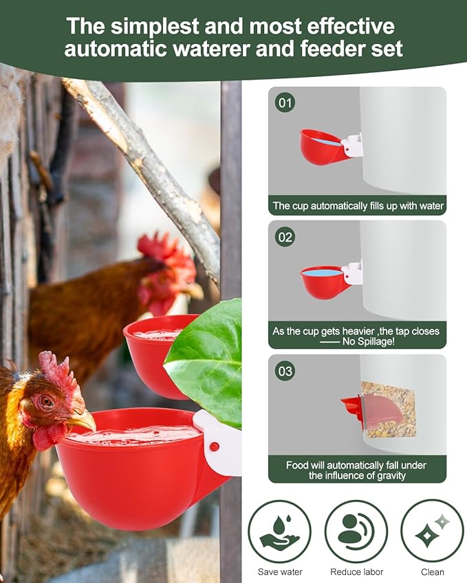 Chicken Feeder & Chicken Waterer Cup Set, 8 Water Cups 4 Feeders, Automatic DIY Poultry Feeding Watering Kit for Chickens Ducks Chicks, with Matching Drill Bit