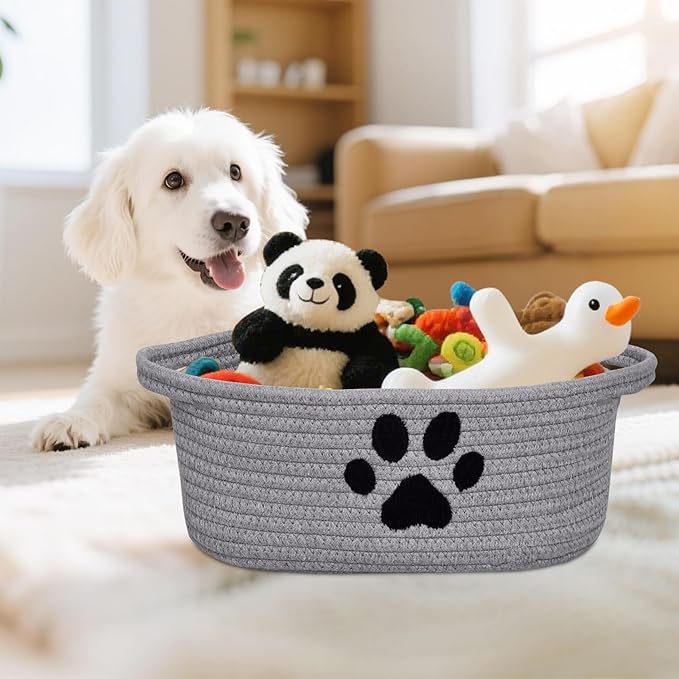 ABenkle Small Woven Basket with Handle, Cute Dog Paw Baskets for Gifts Empty, Decorative Rope Woven Storage Dog Toy Basket, Nursery Baskets for Baby Shower, 12" x 8" x 5"