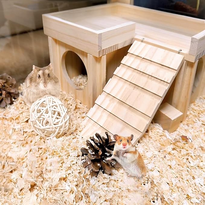 Wooden Hamster Hiding Place with Hamster Bowl Ladder and Detachable Platform, Suitable for Small Pets, Perfect for Hamsters, Rats, sandmice, mice and Other Small Animals