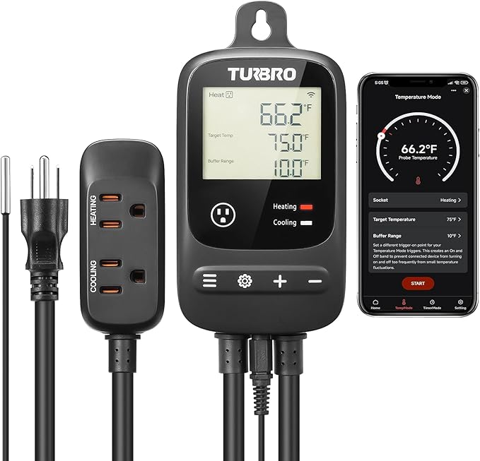 [2 Pack] TURBRO Smart Temperature Controller Heating Cooling, WiFi-Enabled Thermostat with Timer and Temperature Monitoring for Home Brewing, Seedling, Greenhouse, and Reptile Terrarium