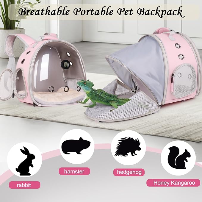Bearded Dragon Travel Backpack Carrier with Reptile Thermometer and Humidity Gauge Lizard Travel Cage Space Capsule Clear Bubble Window Astronaut Reptile Bag for Ball Python (Pink, BE Backpack)
