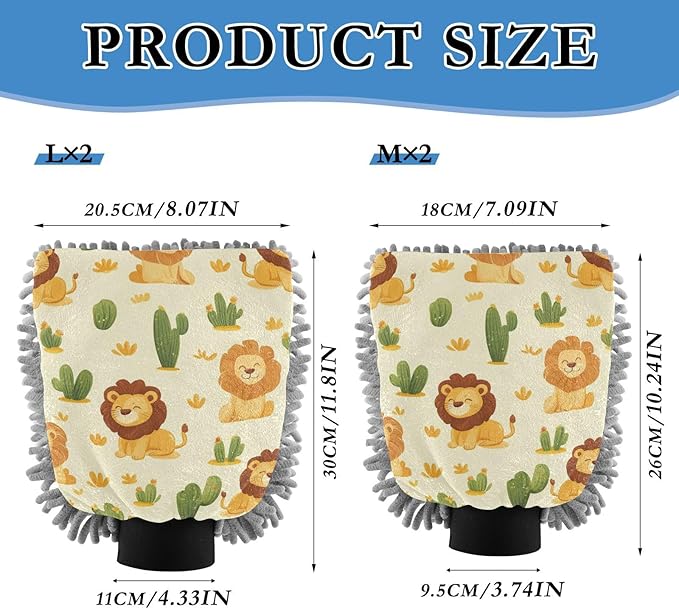 Car Wash Mitt Microfiber Wash Mitts for Car Washing Scratch-Free Cleaning Gloves Soft Non Absorbent Chenille Auto Hand Mitt Large 2Pack Cute Yellow Lion and Cactus