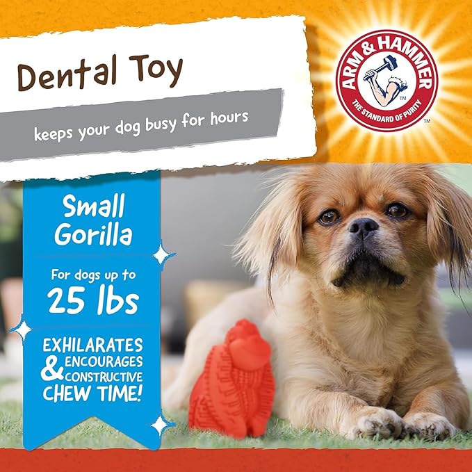 Arm and Hammer for Pets Super Treadz Mini Gorilla Dental Chew Toy for Dogs - Reduces Plaque and Tartar Without Brushing, Baking Soda Infused, Dishwasher Safe, Dogs Up to 25 Lbs, 3.5 Inch - 24 Pack