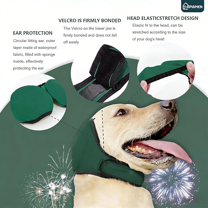 Dog Ear Cover for Hematoma,Bathing,Grooming,Drying,Fashion No Shake Ear Wraps for Dogs Ear Muffs Noise Protection Anxiety Relief,Waterproof Dog Calming Hoodie Shower Cap(Green,M)