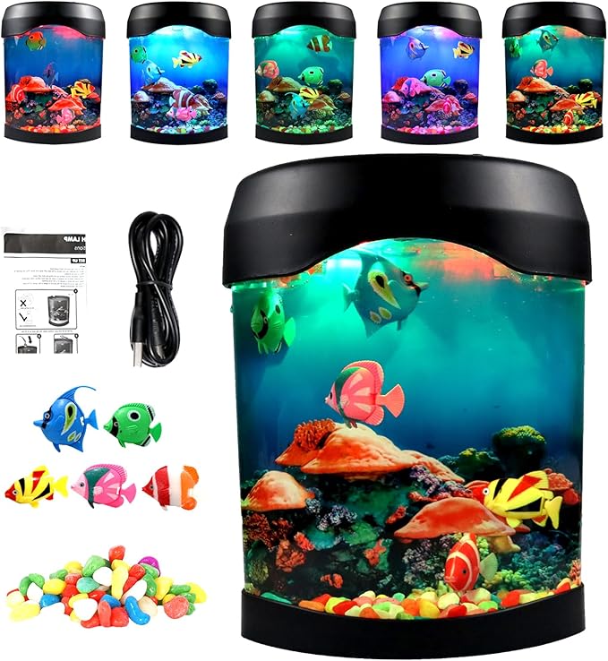 Toycol Fake Fish Lamp, Nightly Lifelike Desk Electric Mood Light, LED Light Tank with 6 Color Changing and 5 Fake Fish Mini Aquarium for Home Office Deco Adults, Gifts for Kids and Adults