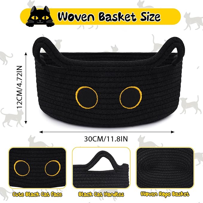 Black Cat Toy Basket for Nursery, Small Cute Cat Oval Woven Cotton Rope Blanket Storage Basket, Baby Shower Blanket Hamper 0rganize Box with Handles,Gifts Empty Storage Cat Bin,12"D x 5"H in