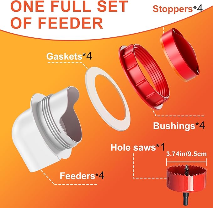 ZenxyHoC Large Chicken Feeders No Waste, DIY Automatic Poultry Feeder 4 Ports 3.74 in Hole Saw with Covers Gravity Feed Kit for Buckets Barrels Bins Troughs